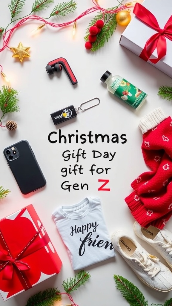 A colorful arrangement of unique Christmas gifts for Gen Z, showcasing tech gadgets, fashion items, and creative kits.
